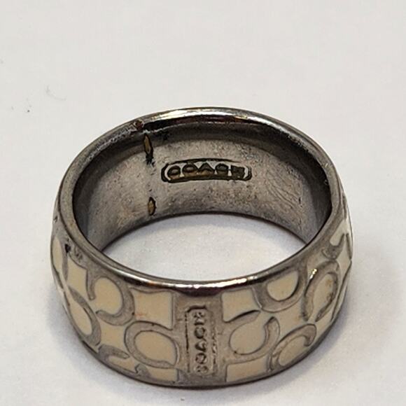 Coach Miranda White Enamel Silver Tone Logo Ring Band Size 7 Designer Jewelry - Picture 5 of 8